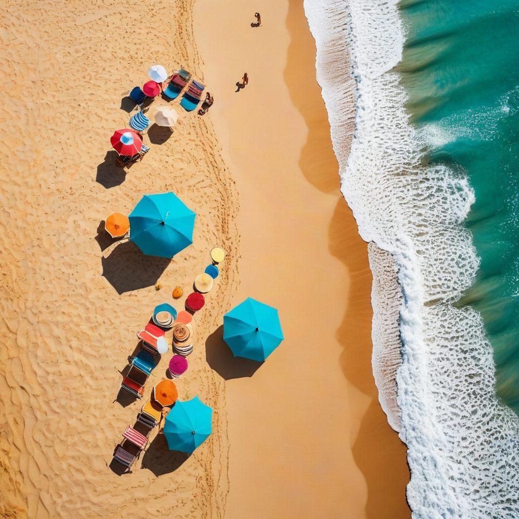 A fashionable beach scene featuring a diverse group of stylish individuals showcasing vibrant summer clothing and accessories, surrounded by golden sand and turquoise waves. Include beach hats, sunglasses, and colorful beach umbrellas in the background, with footprints in the sand leading to a serene ocean view. Capture the essence of summer fun and trendy beach vibes. super-realistic. vibrant colors. bright sunlight.